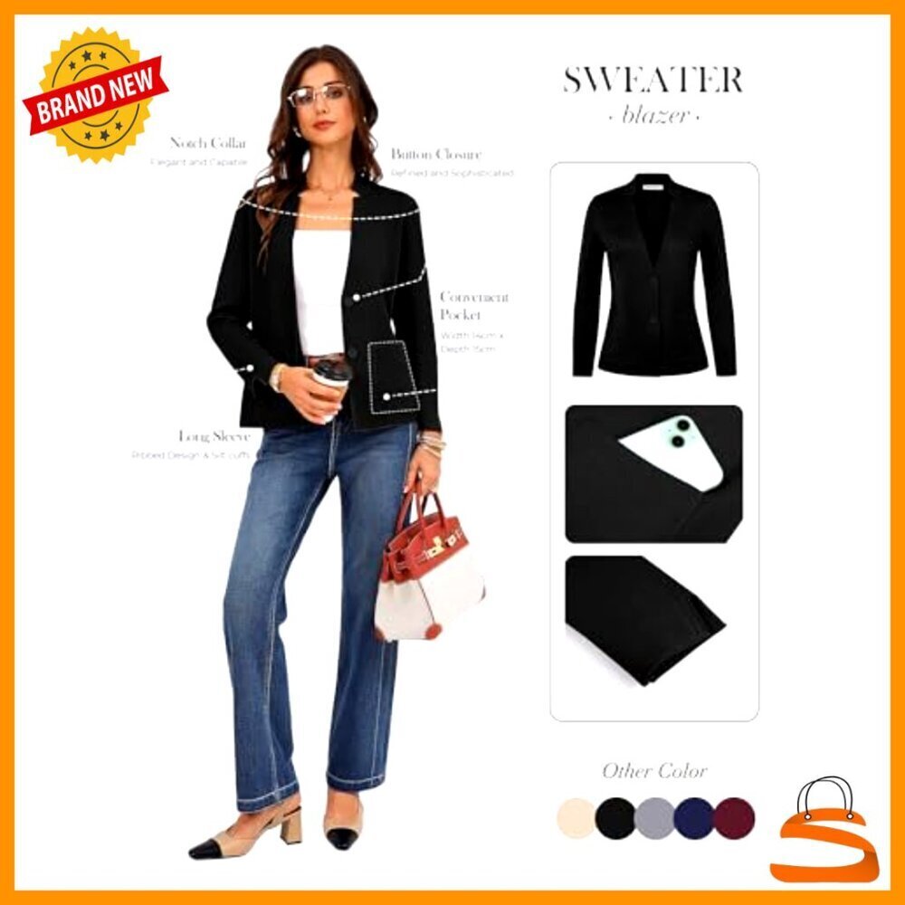 Knit Blazer Cardigan Professional Casual Long Sleeve Work Jacket with Pockets - Picture 2 of 7